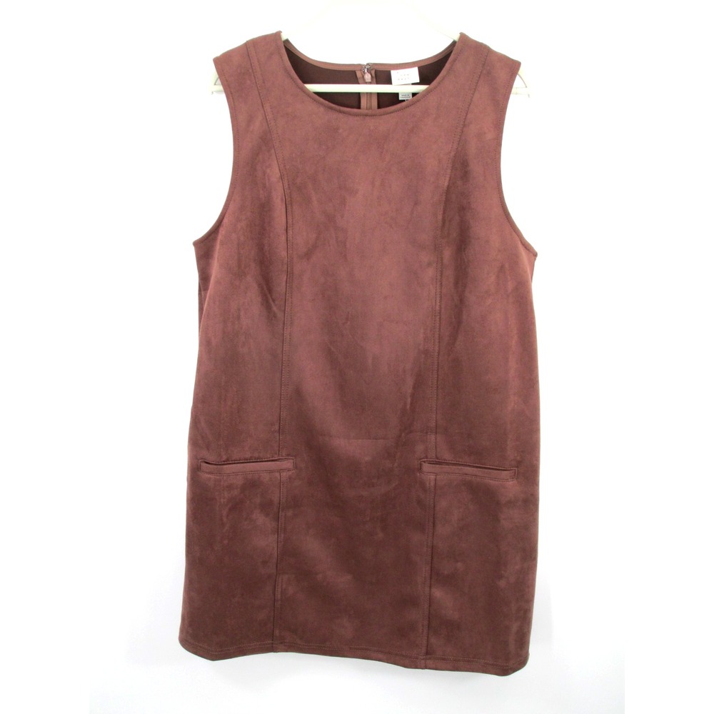 A New Day Brown Faux Suede Mini Smock Shift Dress Women 14 Pockets Sleeveless